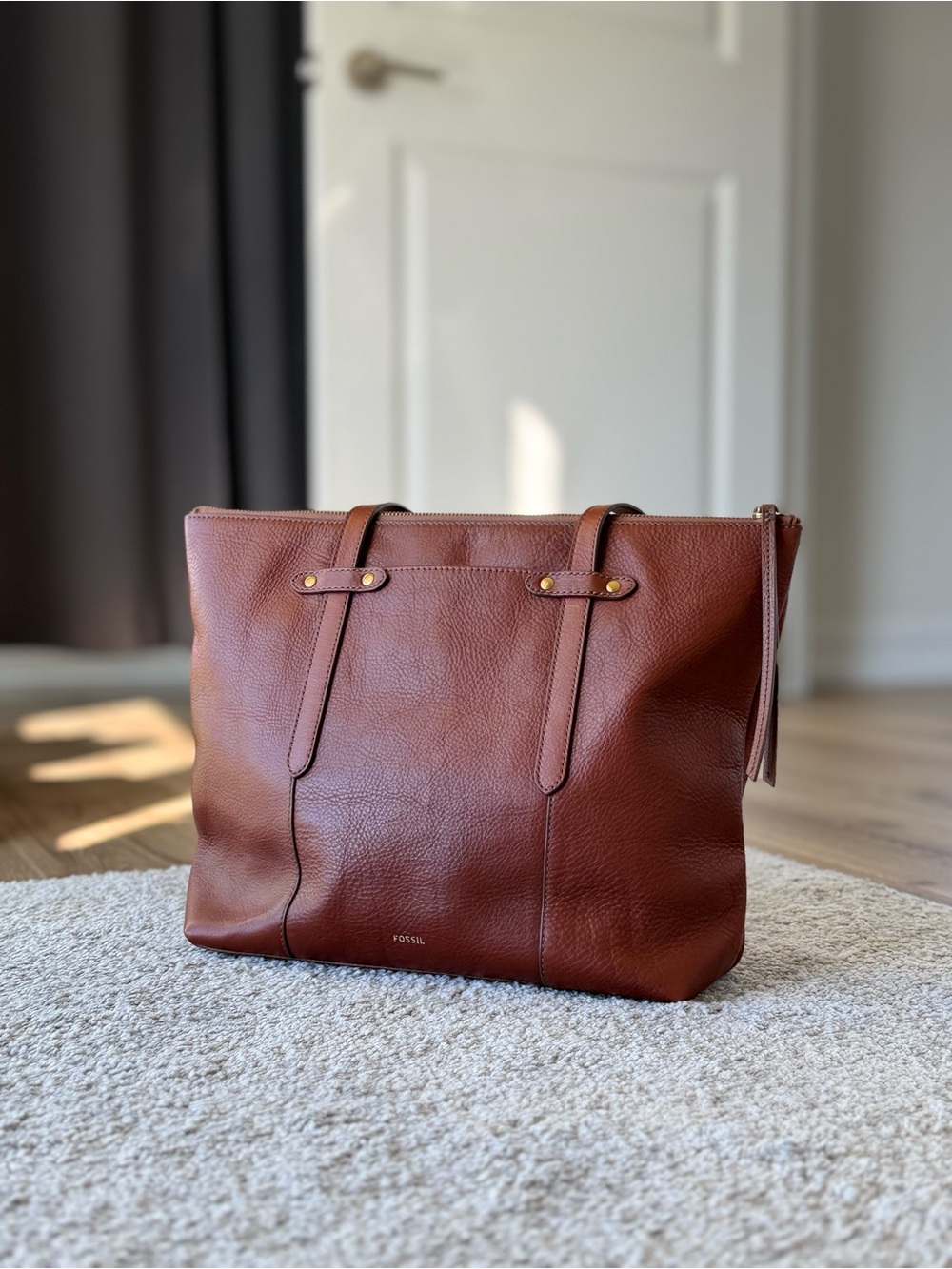 Fossil Chestnut Brown Leather Zip-Top Tote